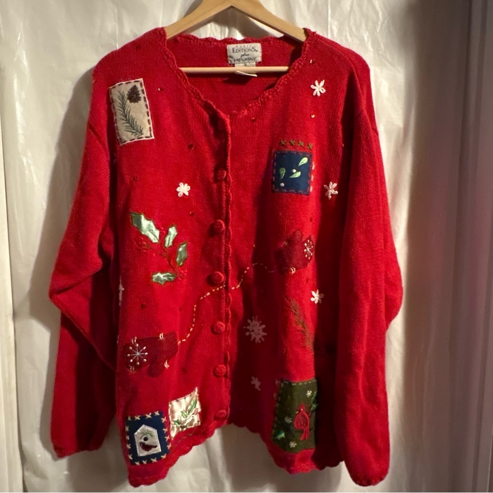 Vtg Basic Editions Christmas Sweater Womans 1X Red Holiday Cardinal Patch 90s